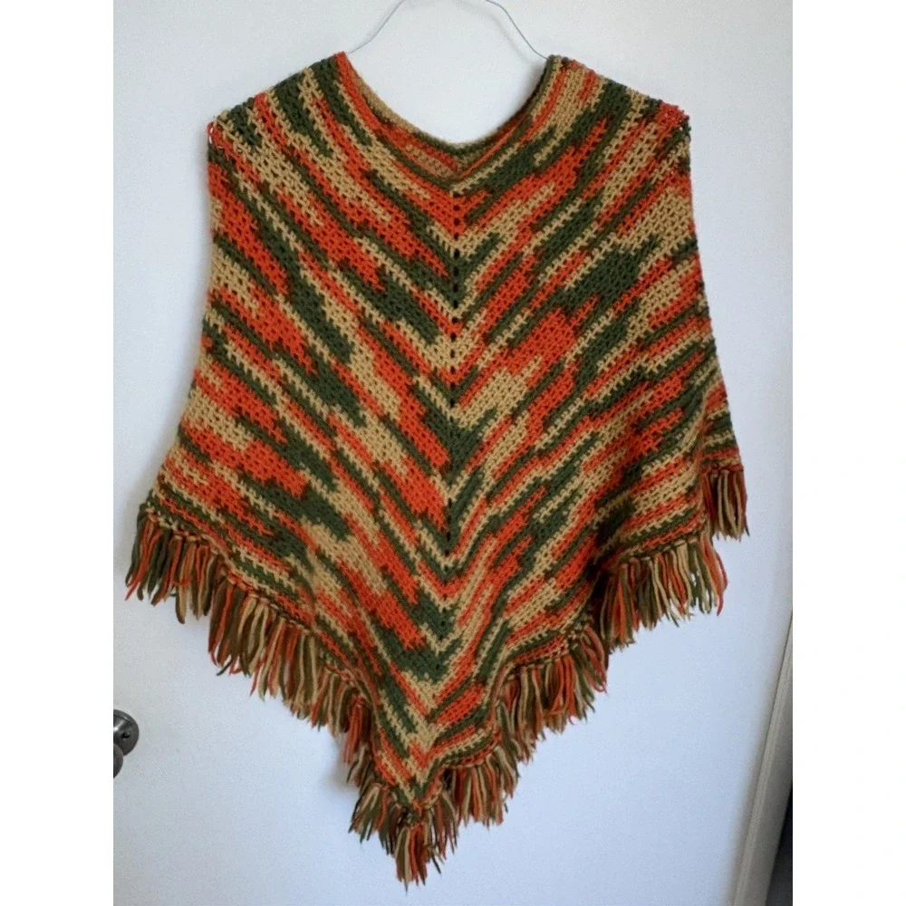 Vintage Crochet Granny Poncho Multicolor Fringe Boho Handmade Cape Wrap rainbow